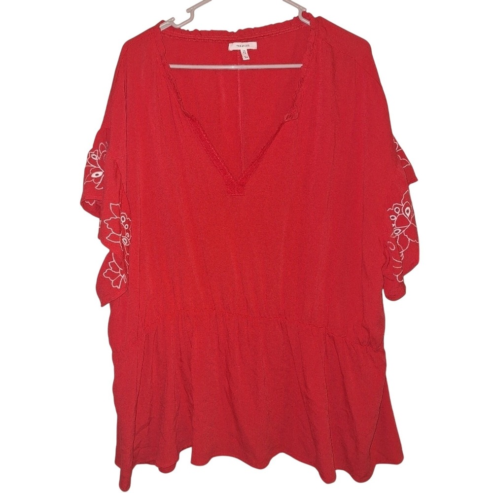 Maurices Womens 3X Red Embroidered Flutter Sleeve V-Neck Peplum Blouse Top